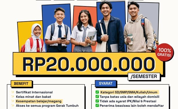 Beasiswa Gerak Tumbuh 2026 Resmi Dibuka: Rp20.000.000/Semester untuk Semua Jenjang Pendidikan Tanpa Syarat IPK