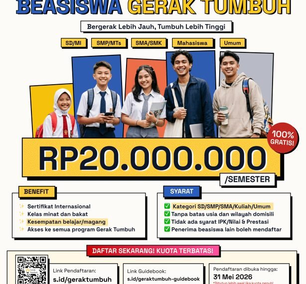 Beasiswa Gerak Tumbuh 2026 Resmi Dibuka: Rp20.000.000/Semester untuk Semua Jenjang Pendidikan Tanpa Syarat IPK